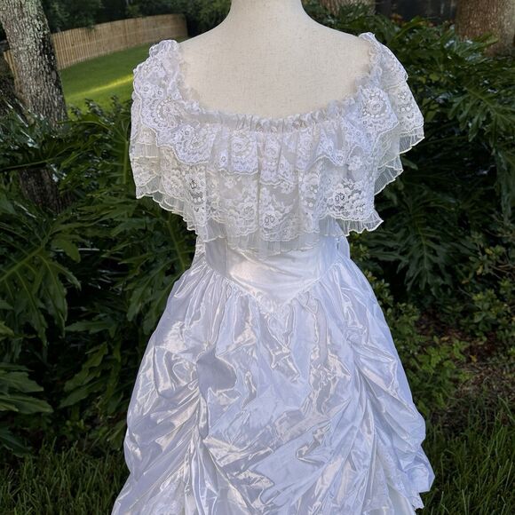 VTG 80’s Jessica McClintock Bridal White Satin Lace Dress-SZ 7  Victorian - Picture 3 of 15
